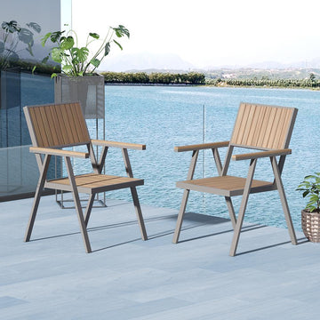 Modern Aluminum & Wood Outdoor Dining Chair Patio Armchair in Natural & Gray (Set of 2)